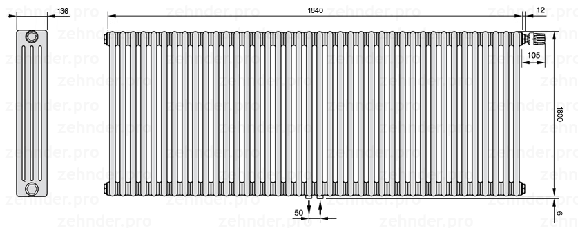 Схема (чертеж) Радиатор Zehnder Charleston 4180/40 №V008 Белый глянцевый RAL 9016